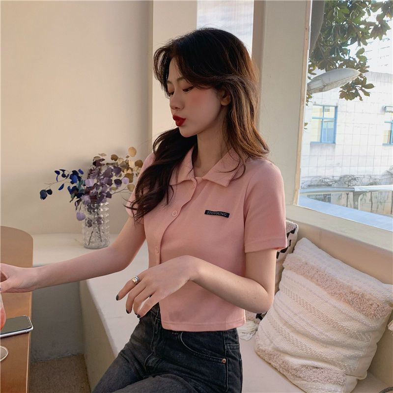 Áo Thun Nữ Tay Ngắn Có Cổ Viền Cúc Đan Chéo
