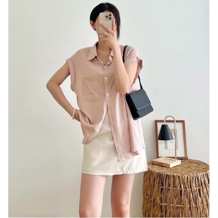 [Ảnh thật/Video]Áo sơ mi sát nách hai túi trước nhiều màu chất lụa hàn sang chảnh Áo sơ mi Quảng Châu