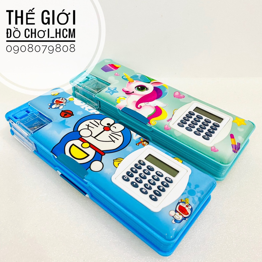 [TRỢ GIÁ-HOT] Hộp bút hai ngăn có đồ chuốt, có máy tính nhỏ gắn liền cho bé đựng viết/thước hình Elsa/Spider man/Đoremon