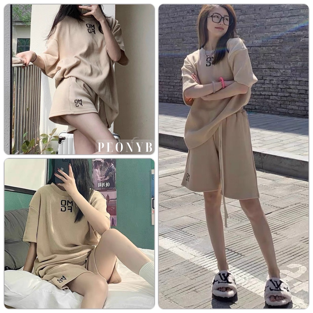 Bộ Thun Chữ OMFG PEONYB Unisex [FREESHIP]  Set đồ quần short kèm áo phông tay lỡ form rộng 3158 be mịn kiểu hàn quốc