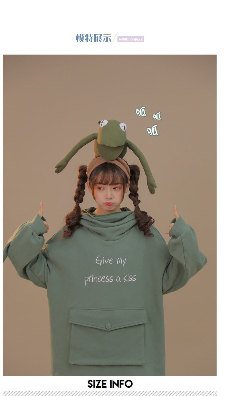 Áo hoodie lót nhung dày dáng rộng thêu họa tiết chữ thiết kế hình chú ếch đáng yêu phong cách Hàn Quốc