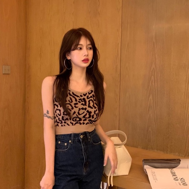 Áo Hai Dây Dệt Kim In Họa Tiết Da Báo / Da Báo Quyến Rũ Cho Nữ