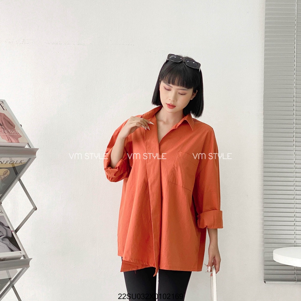 Áo sơ mi tay dài chéo vạt lệch VM STYLE 1 túi 10444 hàn quốc ulzzang thời trang nữ 22SU032X0102
