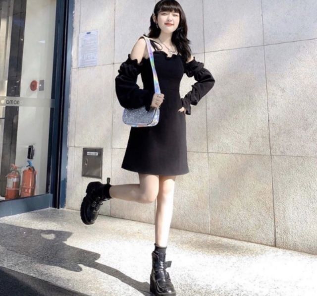 ĐẦM TRỄ VAI HAI DÂY TAY BỒNG 2 MÀU TRẮNG ĐEN SIÊU HOT - HÀNG CÓ SẴN | BigBuy360 - bigbuy360.vn