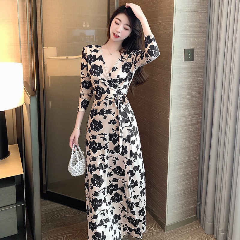 Đầm Dài Cổ Chữ V Tay Lửng Thắt Eo In Họa Tiết Hoa Phong Cách Thời Trang Mùa Hè Dành Cho Nữ