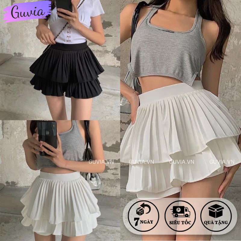 Chân Váy Xếp Ly 2 Tầng Phồng Dáng Ngắn Xòe Cao Cấp Lưng Cạp Cao ( Có Quần Trong ) GUVIA