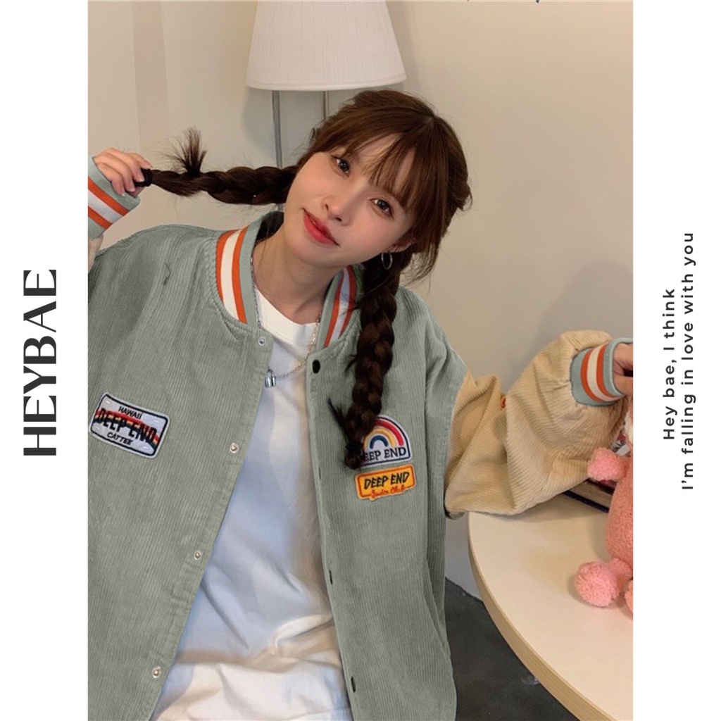 Áo khoác varsity unizex nhung tăm oversize Kyomi HEYBAE dáng rộng thêu cá tính cúc bấm bomber khoác nữ AK017