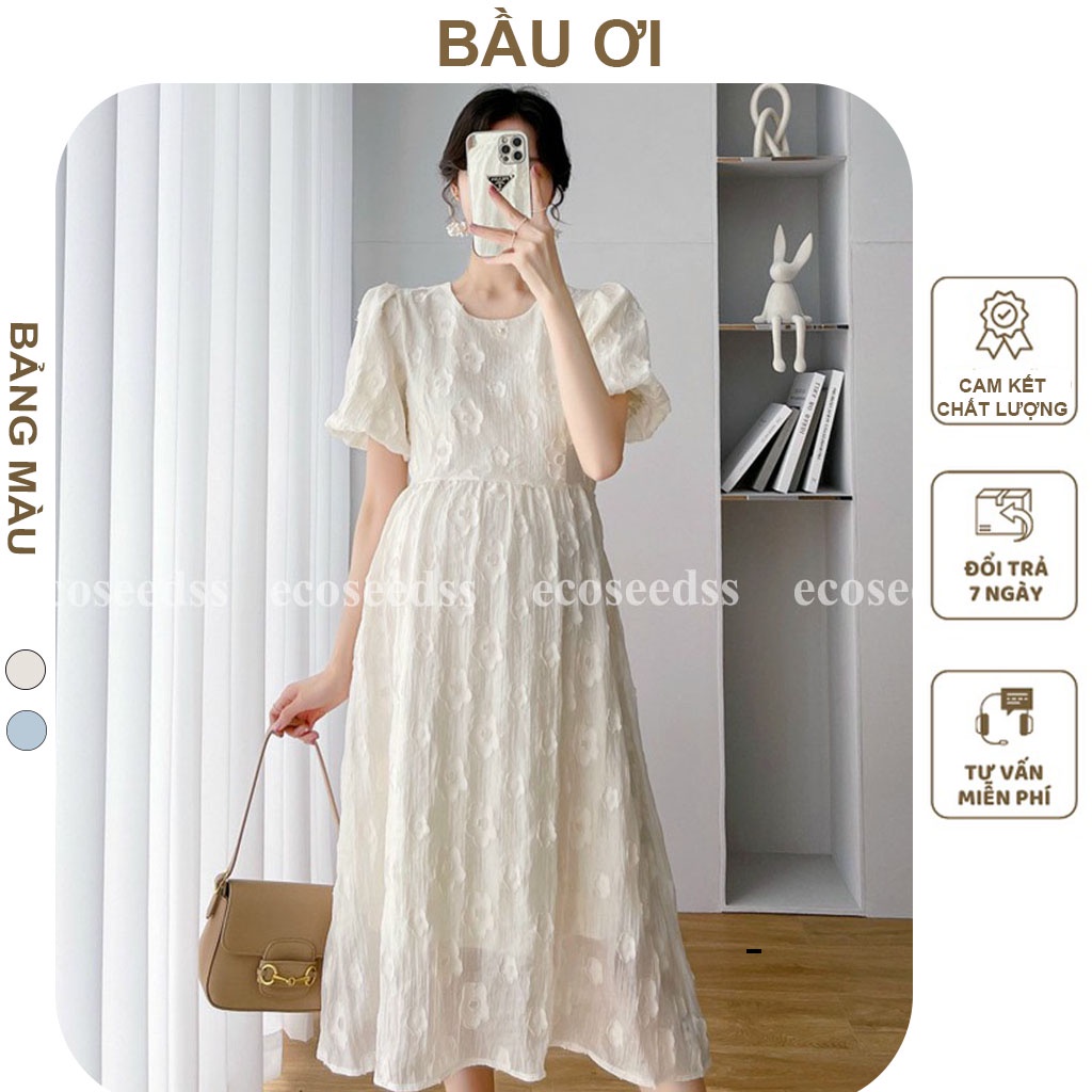 [BAUOII V71] VÁY BẦU CÔNG SỞ HOA NỔI CHẤT MỀM MÁT - ĐẦM BẦU DỰ TIỆC MÙA HÈ SANG CHẢNH - VÁY ĐẸP MẶC ĐI LÀM ĐI CHƠI