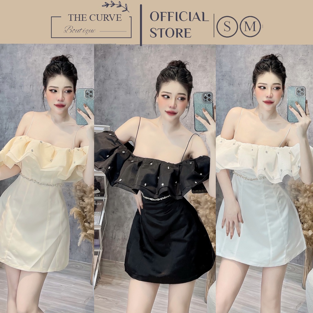 Váy Nữ Dự Tiệc 2 Dây Trễ Vai Bo Eo Đính Đá Ngực, Đầm Đi Chơi Dáng Xòe, Vải Tafta, Màu Đen, Trắng, Kem TA05