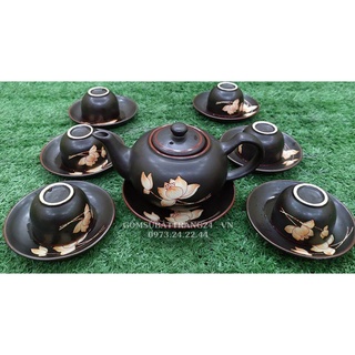 BỘ ẤM CHÉN BÁT TRÀNG BỘ ẤM TRÀ TỬ SA CAO CẤP VẼ HOA SEN VÀNG ĐẸP