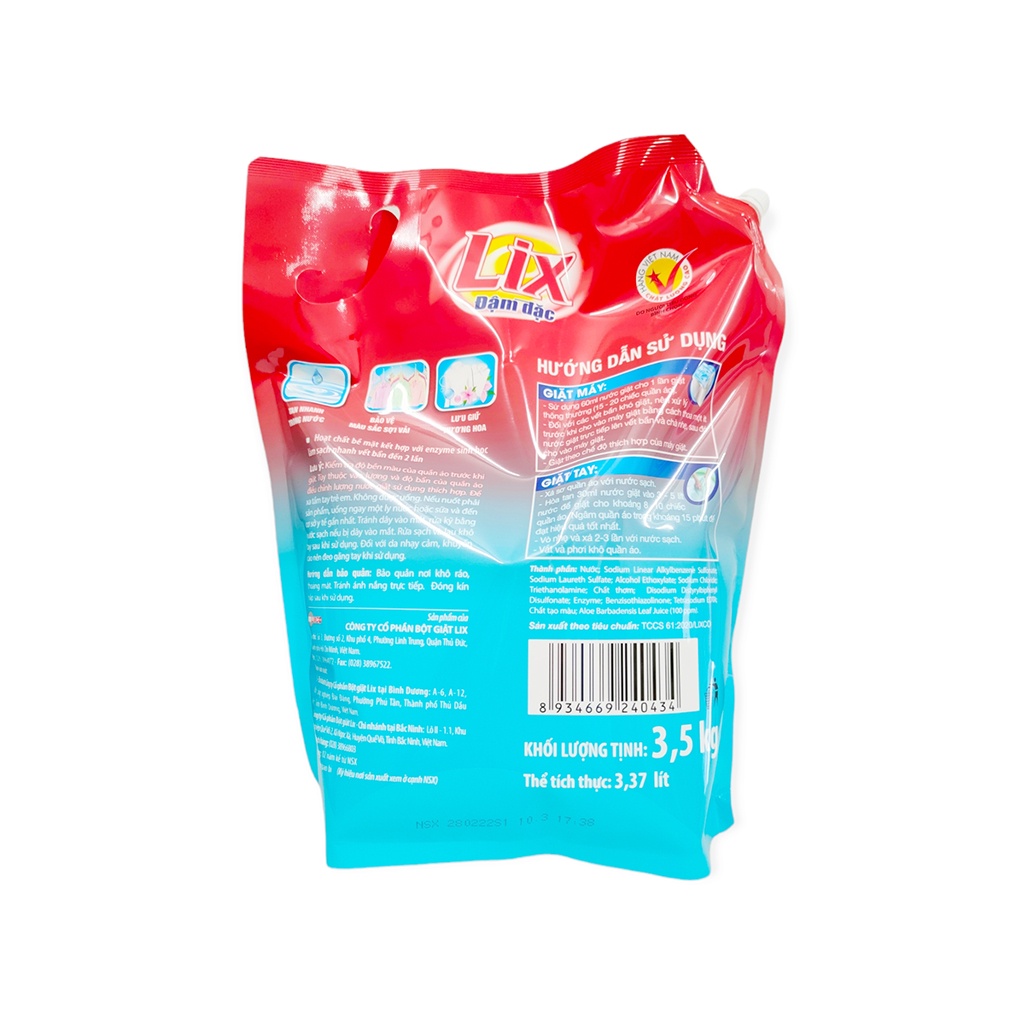 Nước Giặt LIX Đậm Đặc Túi 3,5Kg Dùng Cho Máy Giặt Và Giặt Tay