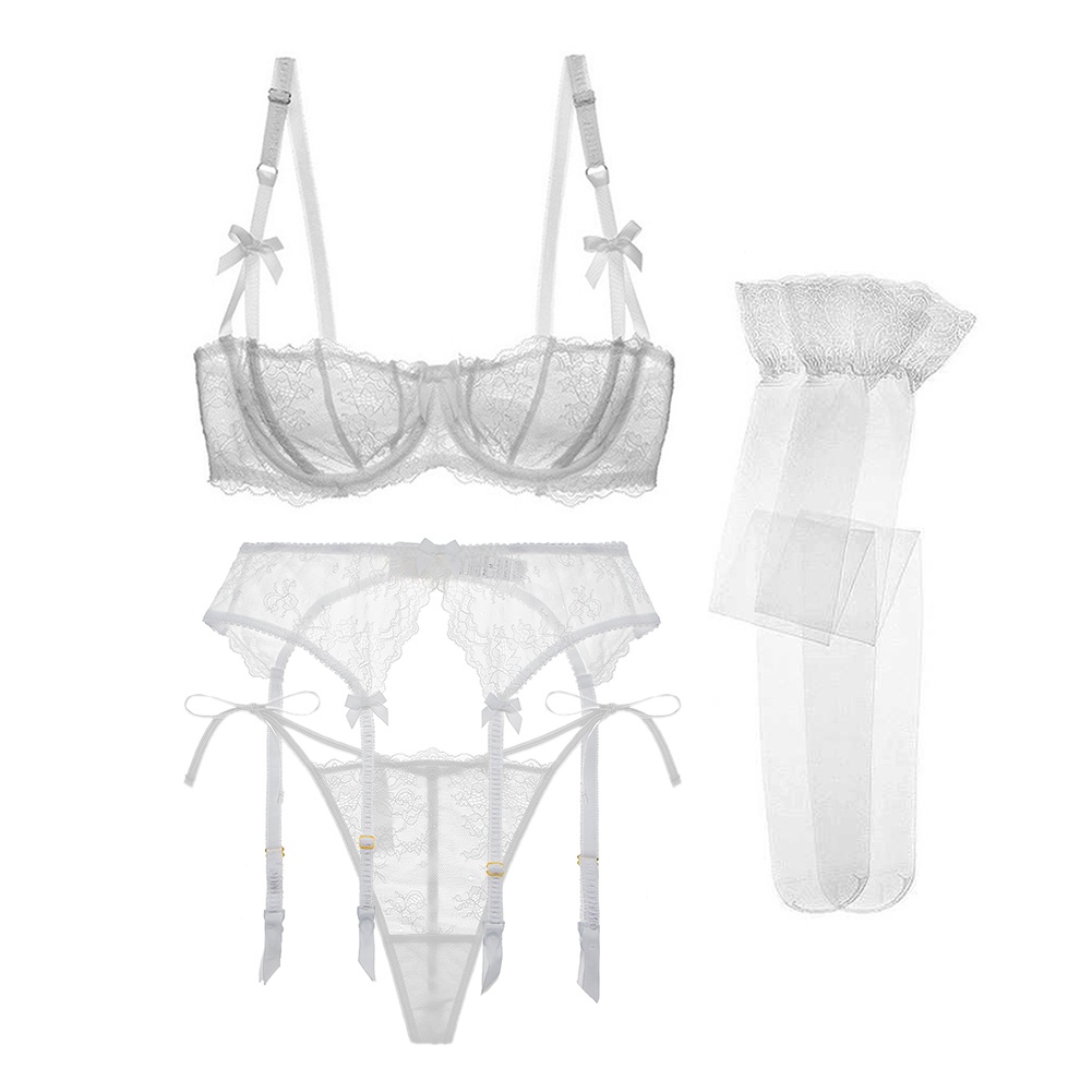 Set nội y VARSBABY 4 món cổ V sâu phối màu/ ren trong suốt quyến rũ cho nữ
