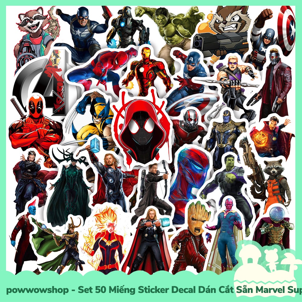 Set 50 Miếng Sticker Decal Cắt Sẵn DIY Dán Trang Trí Vật Dụng Mẫu Marvel Superheroes Avenger Power