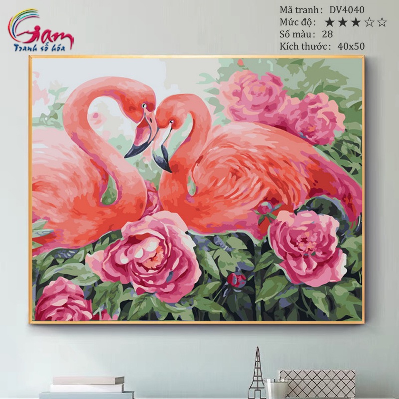 Tranh tô màu theo số đôi chim hồng hạc flamingo có sẵn đã căng khung 40x50cm DV4040
