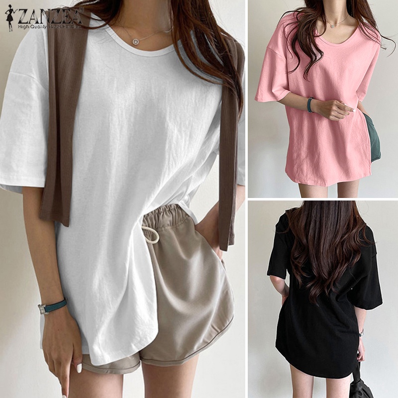 Áo thun ZANZEA cổ tròn xẻ tà thời trang Hàn Quốc cho nữ