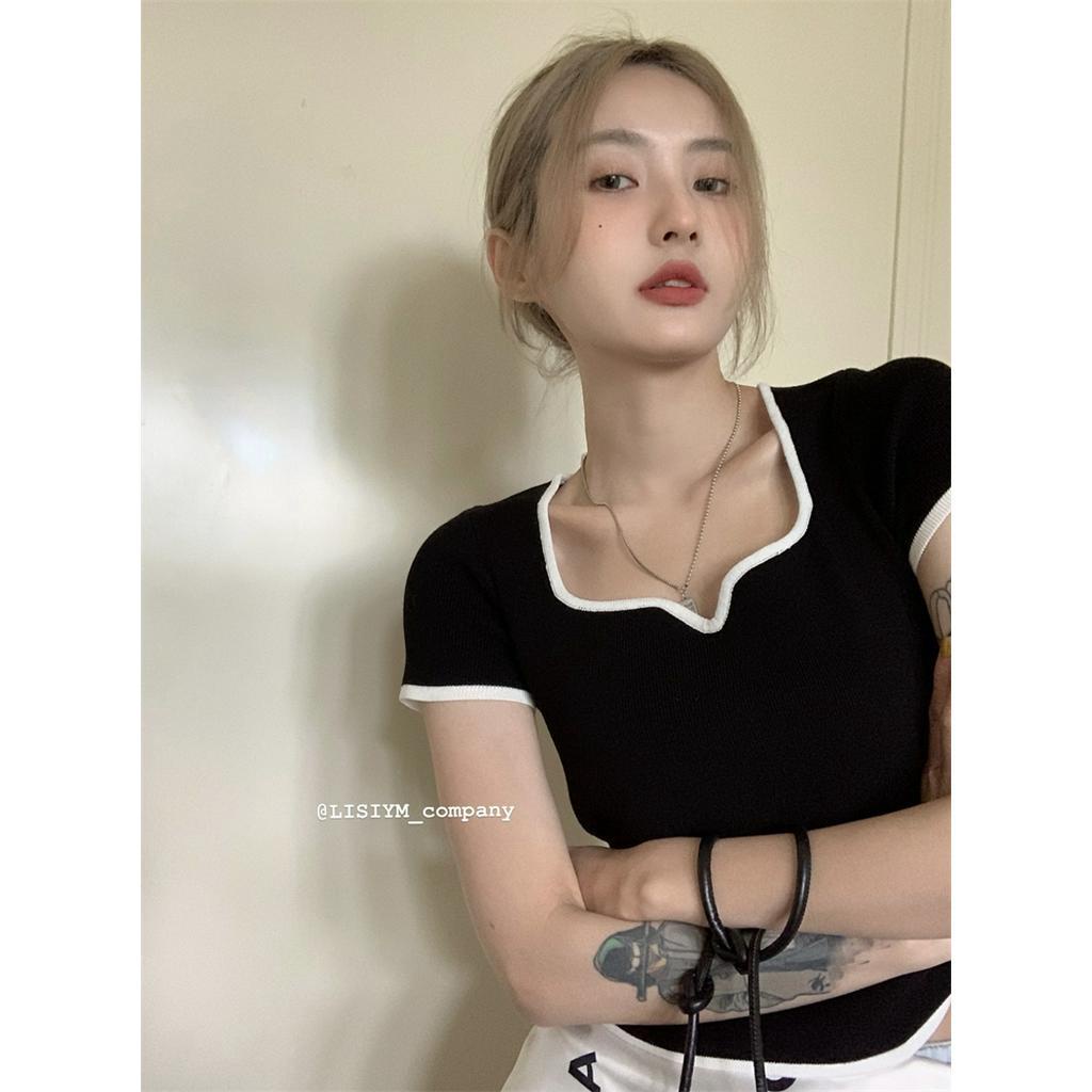 Áo sweater Ngắn Tay Cổ Vuông Thiết Kế Lệch Tà Cá Tính Dễ Phối Đồ