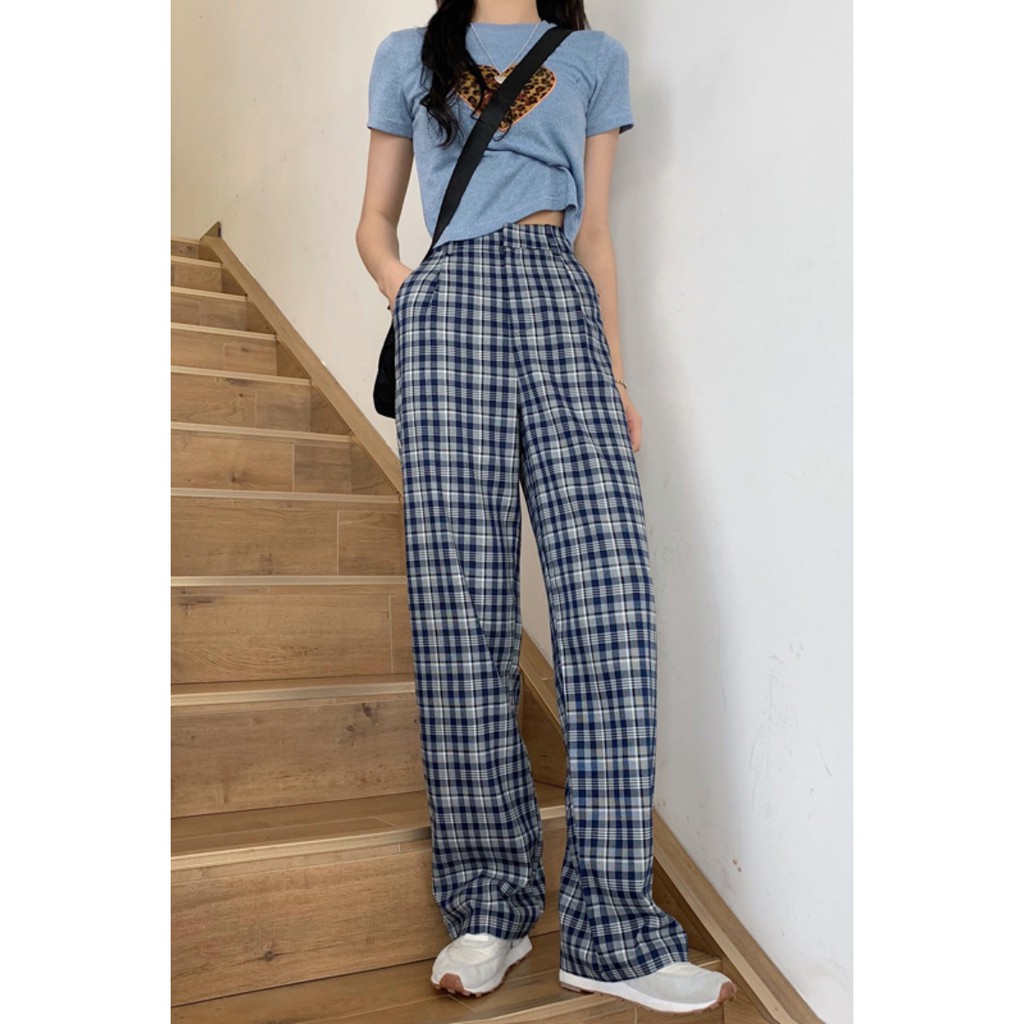 Casual plaid pants women's high waist drape spring and summer loose straight and thin retro suit mopping pants