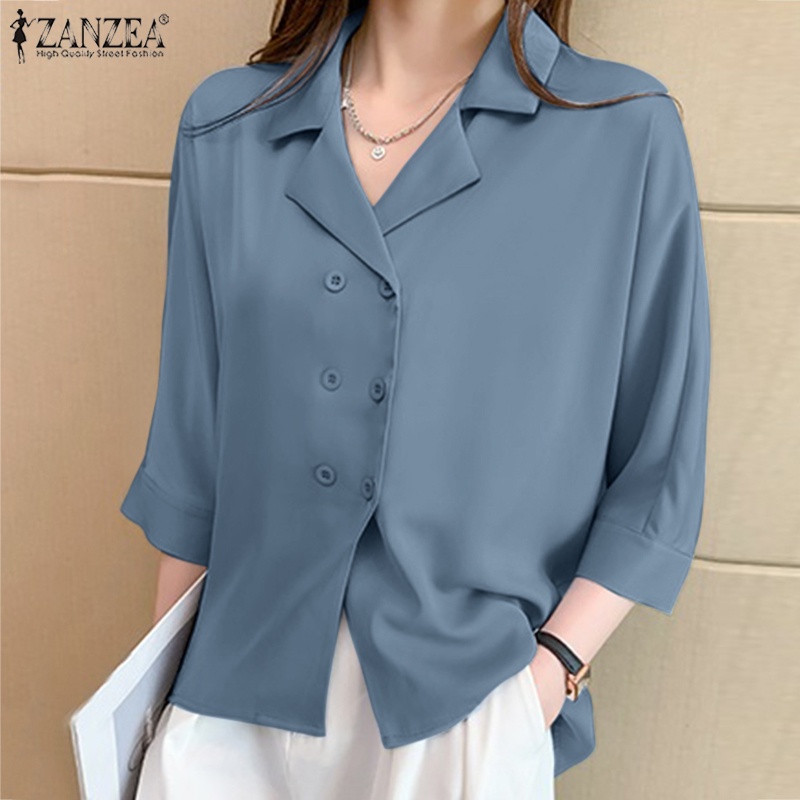 Áo sơ mi ZANZEA tay lỡ 3/ 4 thời trang dành tùy chọn màu sắc dành cho nữ