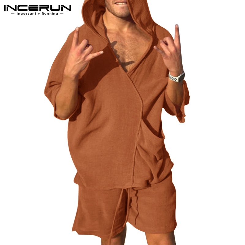 Set áo hoodie ngắn tay và quần short dáng rộng INCERUN phong cách thời trang cho nam 3 màu lựa chọn