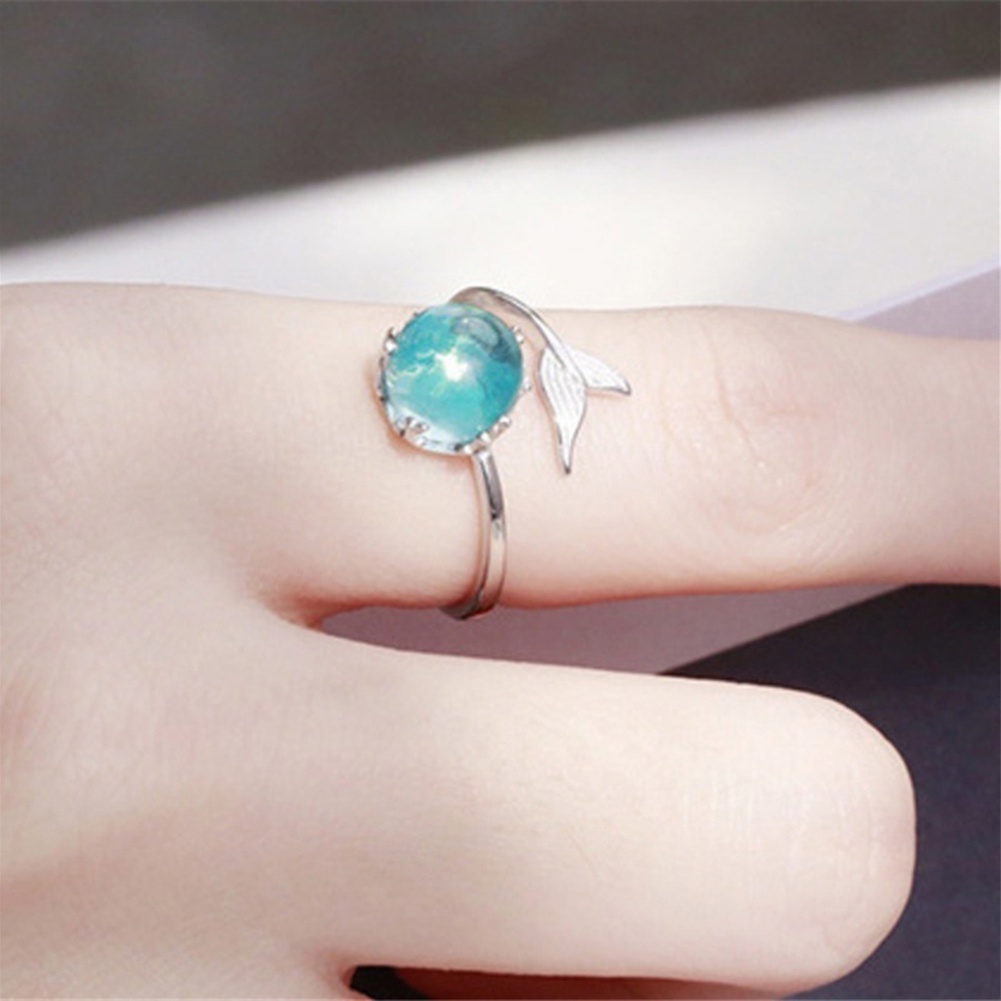 Nhẫn Hở Hình Đuôi Nàng Tiên Cá Đính Đá Xanh Có Thể Điều Chỉnh Kích Cỡ