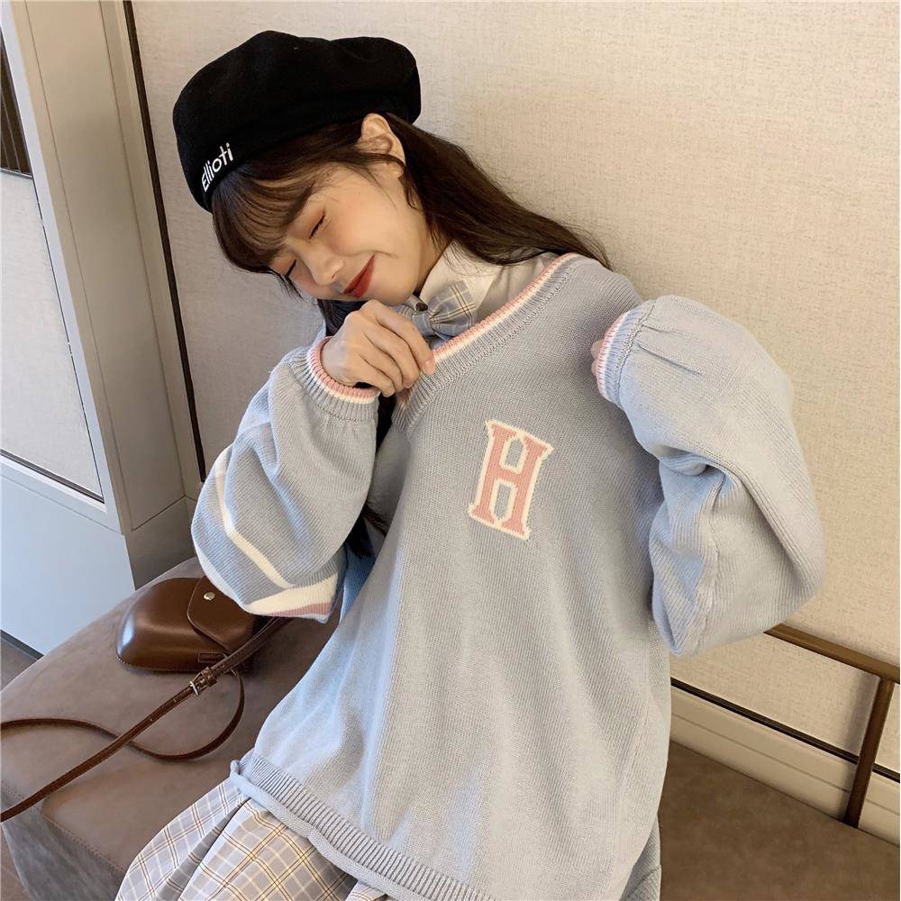 Áo Sweater dáng rộng cổ chữ V kẻ sọc thời trang mùa thu cho nữ | BigBuy360 - bigbuy360.vn