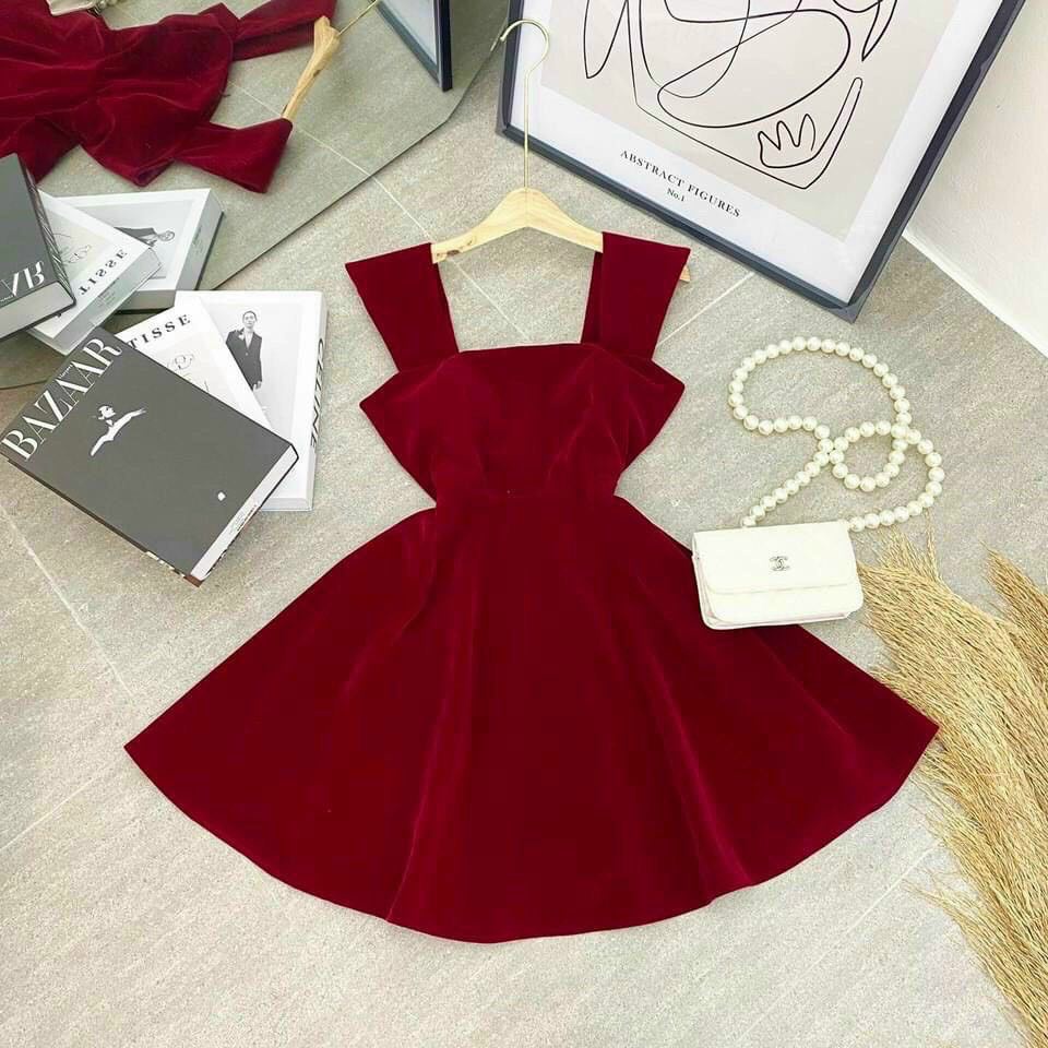 Đầm nữ 2s cánh tiên đỏ cổ vuông váy xòe quyến rũ siêu tôn dáng HIJUNE VD12
