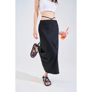 DOTTIE - Váy lụa dài đính dây trang trí nữ đen S0081