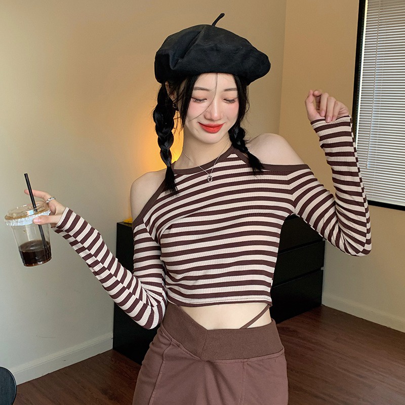 Áo Dệt Kim Nữ Trễ Vai Tay Dài Kẻ Sọc Thời Trang Hàn Quốc