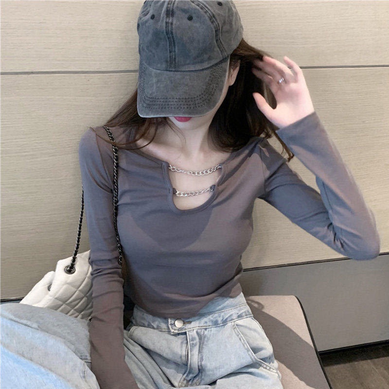 Women's 95 Cotton Short Chain Long-Sleeved T-shirt 2022 Inner Fit Sexy Top Insfashion