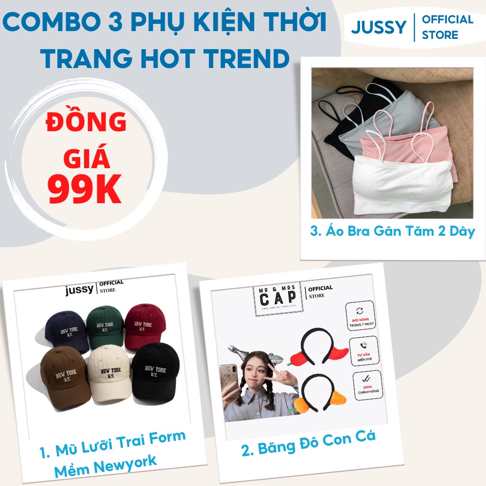 Combo 3 Phụ Kiện Thời Trang Nữ Hot Trend Jussy Fashion Gồm Mũ Lưỡi Trai Newyork, Băng Đô Con Cá Và Áo Bra Gân Tăm