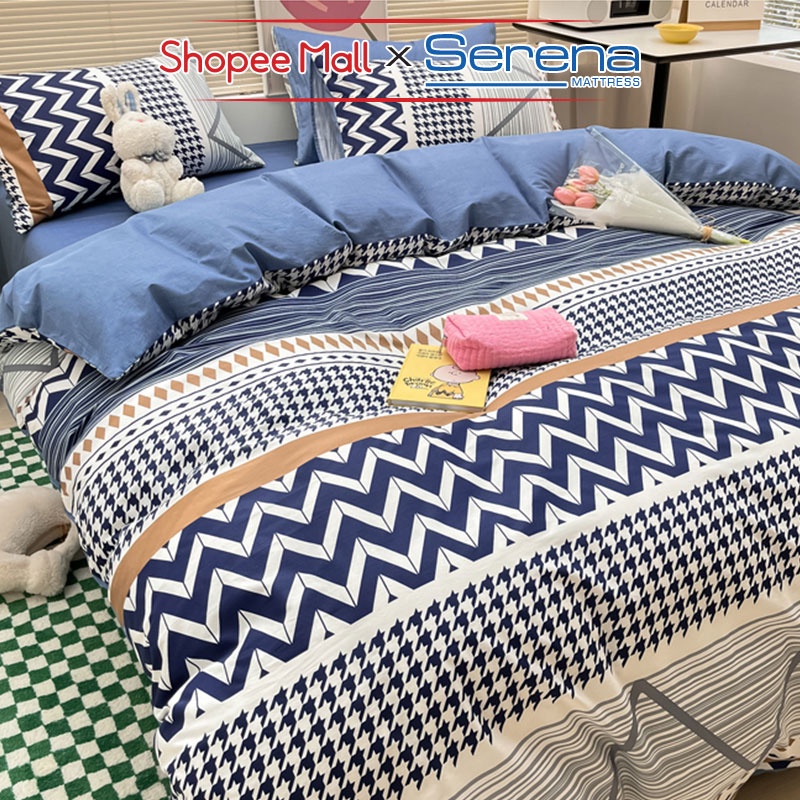 Set 5 Món Chăn Ga Gối Cotton Living SERENA Chính Hãng Bộ Vỏ Mền Ra Drap Grap Gối Nệm Đệm Chần Bông Trải Giường Cao Cấp