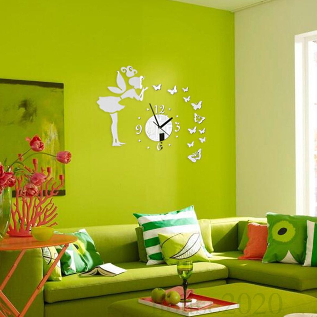 Đồng Hồ Dán Tường Tráng Gương Hình Cô Gái Và Con Bướm 3d