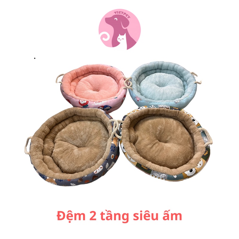 Đệm cho chó mèo 2 tầng lót lông cừu cao cấp - Nệm tròn cho thú cưng phù hợp với mọi thời tiết