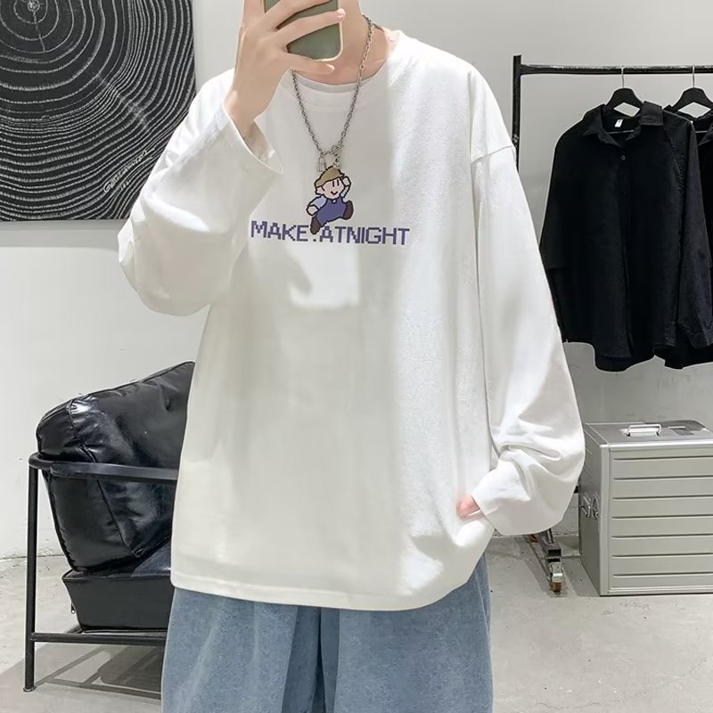 Áo Thun Tay Dài Cổ Tròn Dáng Rộng In Họa Tiết Hoạt Hình Phong Cách Hip Hop Hàn Quốc Thời Trang Cho Nam M-5XL