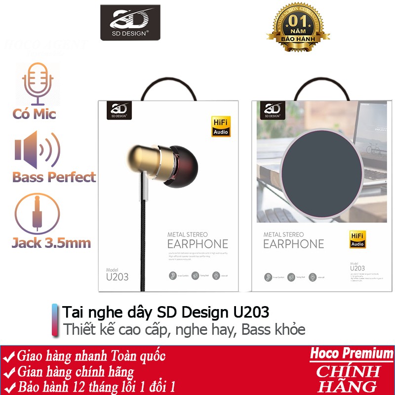 Tai nghe nhét tai SD Design U203 nghe hay có mic đàm thoại, dây dài 1.2m, Jack cắm 3.5mm - Chính hãng