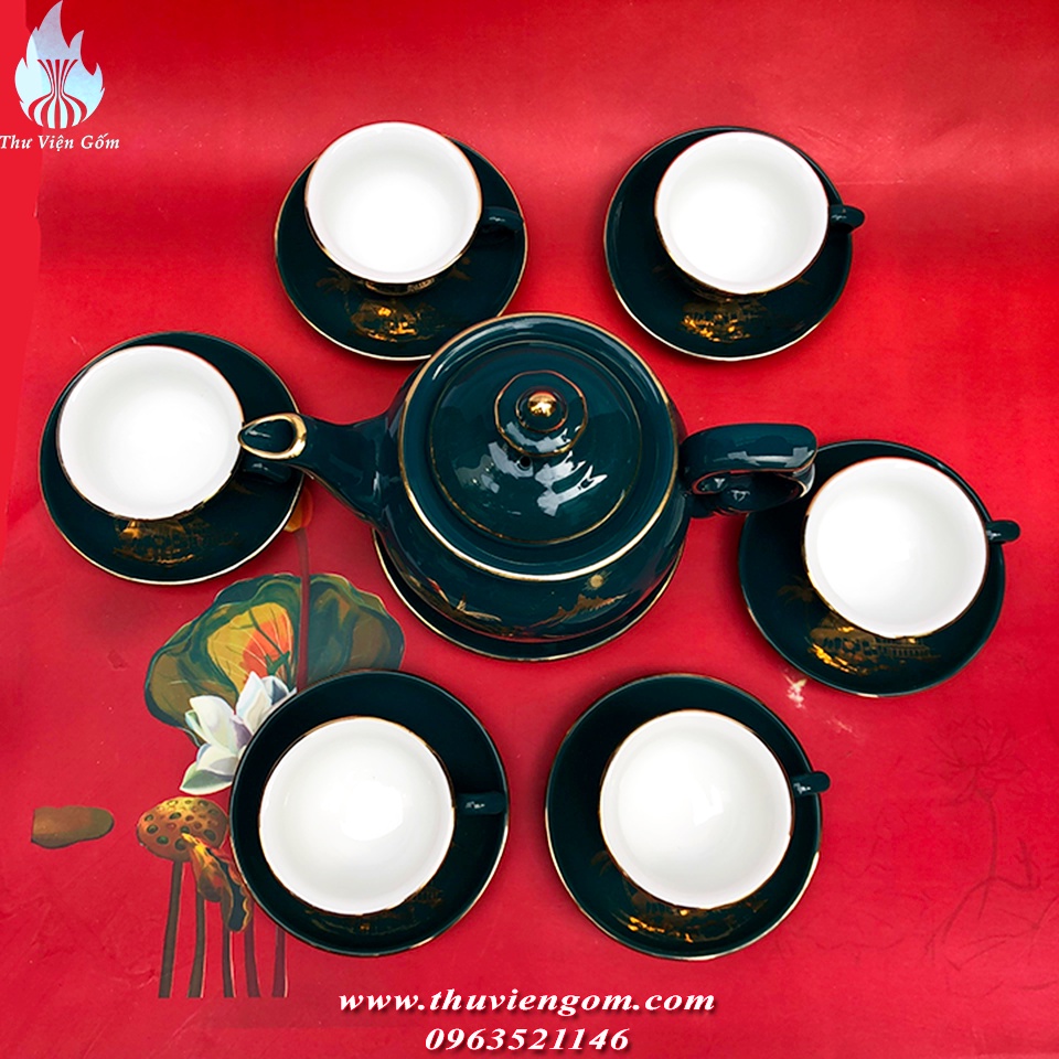 Bộ ấm chén men xanh cổ vịt vẽ vàng vẽ cảnh Bát Tràng