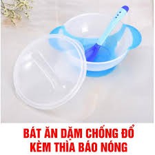 BÁT ĂN DẶM CÓ ĐẾ HÚT CHÂN KHÔNG CHỐNG ĐỔ CÓ NẮP VÀ THÌA SILICOL BÁO NÓNG