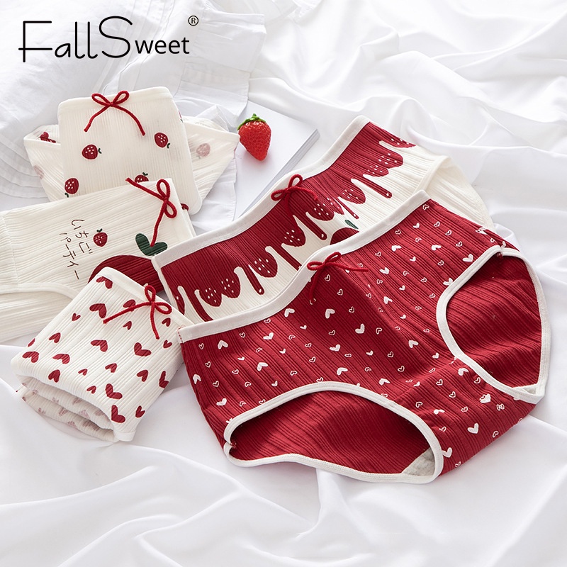 Quần lót nữ FALLSWEET vải cotton mềm cạp vừa in họa tiết đính nơ xinh xắn thời trang