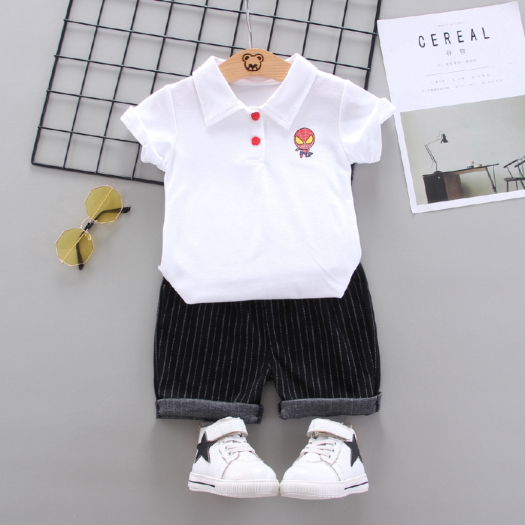 Summer 0-5 years old fashion cotton men's polo lapel shirt + shorts two-piece suit