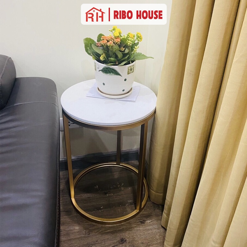 Bàn trà tròn RIBO HOUSE mặt đá hình vân bàn mẫu 1 khung sắt sơn tĩnh điện trang trí phòng khách ban công RIBO91