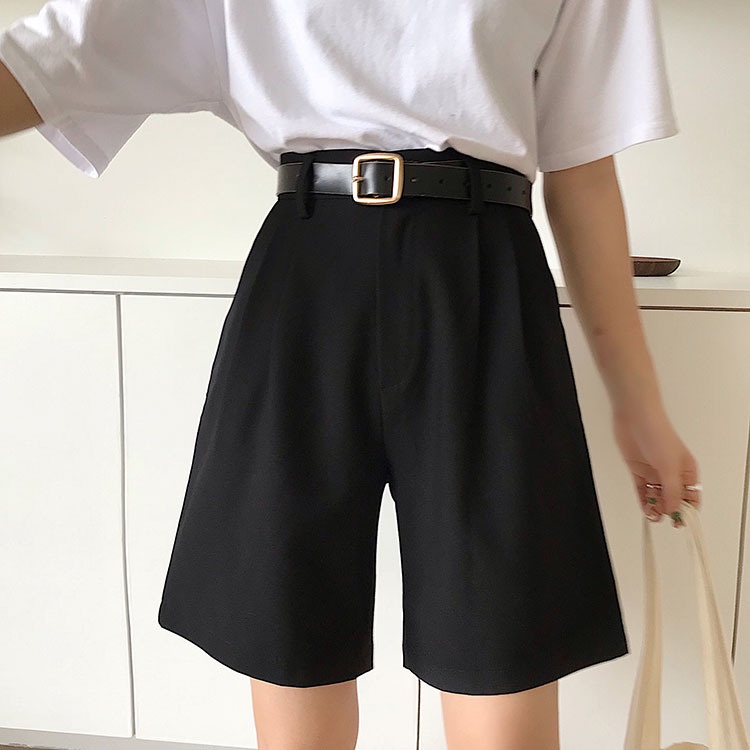 Quần Đùi Lửng Nữ LOKOSA Quần sooc Ống rộng Lưng cao Đẹp Màu Đen thể thao Chất vải Tuyết mưa Hàn Quốc QD006