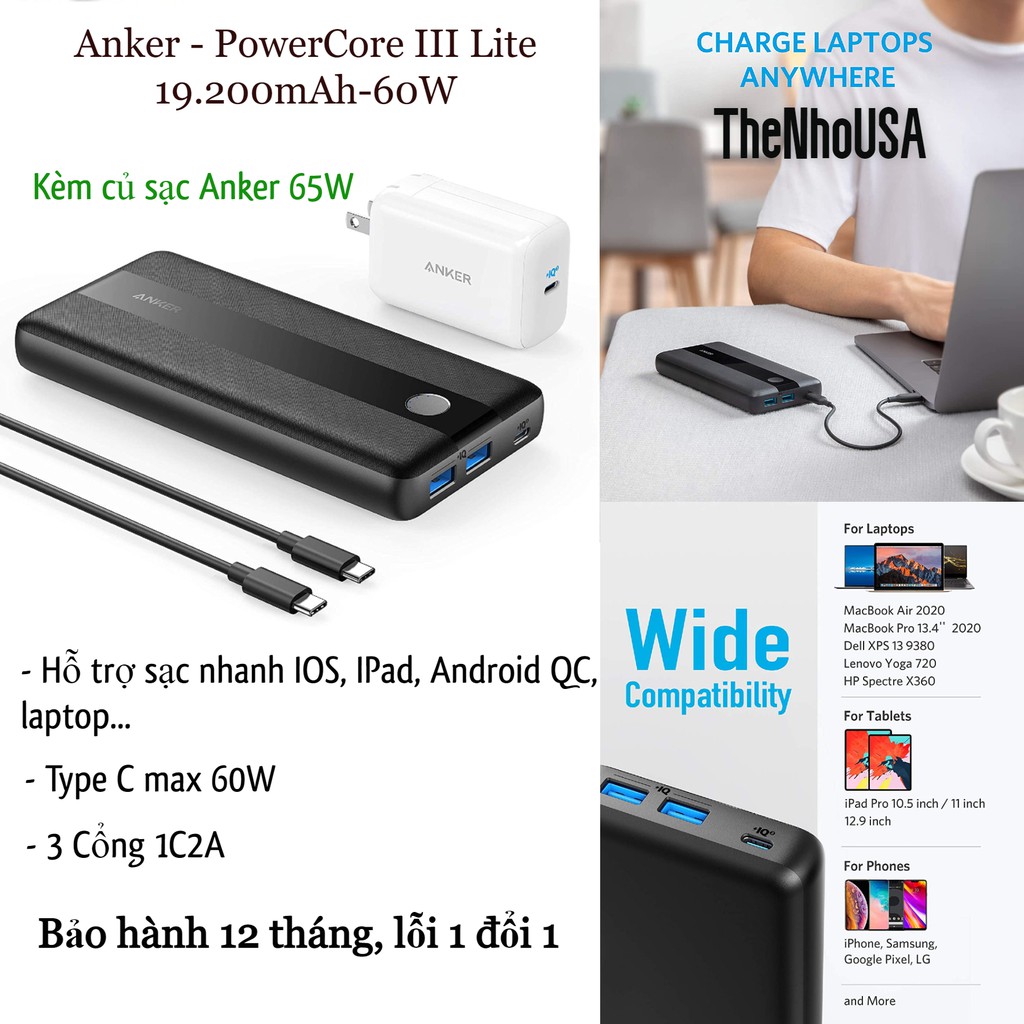 Sạc dự phòng Anker PowerCore III Elite 19.200 - PD 60W - A1284 - USA [BH 12T]