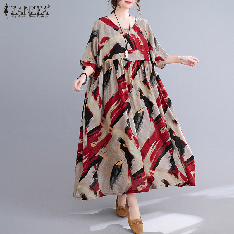 Đầm Maxi ZANZEA Ngắn Tay In Họa Tiết Hình Học Sành Điệu Cho Nữ