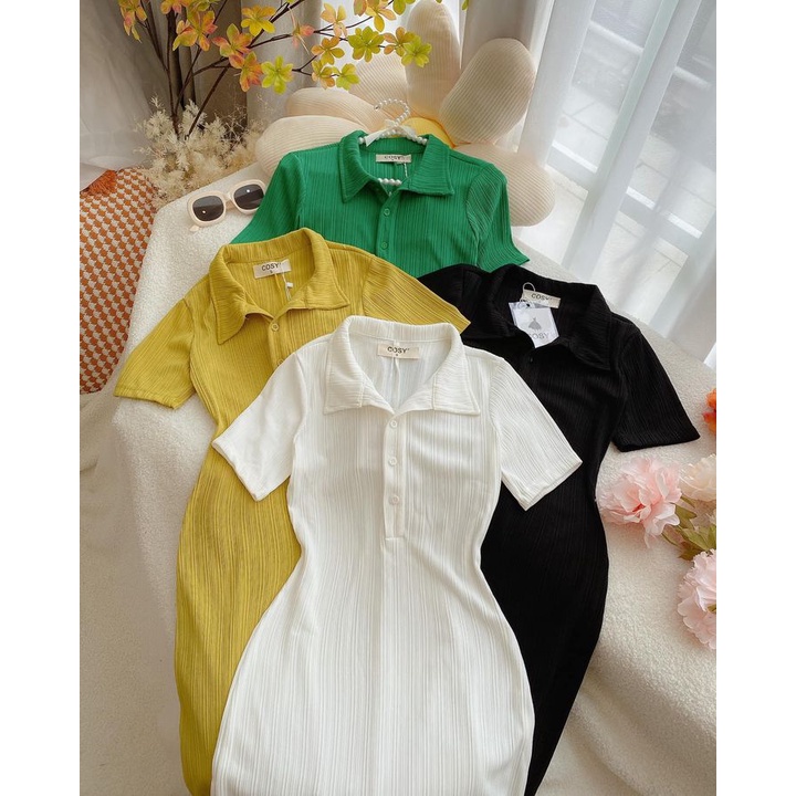 ĐẦM BODY THUN GÂN XANH VÀNG ĐEN TRẮNG CỔ SƠ MI