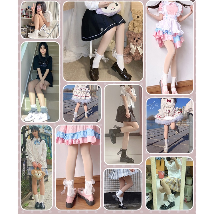 Tất đính nơ voan Lolita cổ ngắn tiểu thư Hàn Quốc chất len đẹp trắng đen be nữ nhiều màu