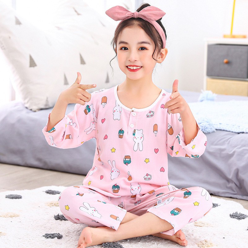 Bộ Đồ Ngủ Cotton Tay Lửng Màu Sắc Đáng Yêu Dành Cho Bé Gái