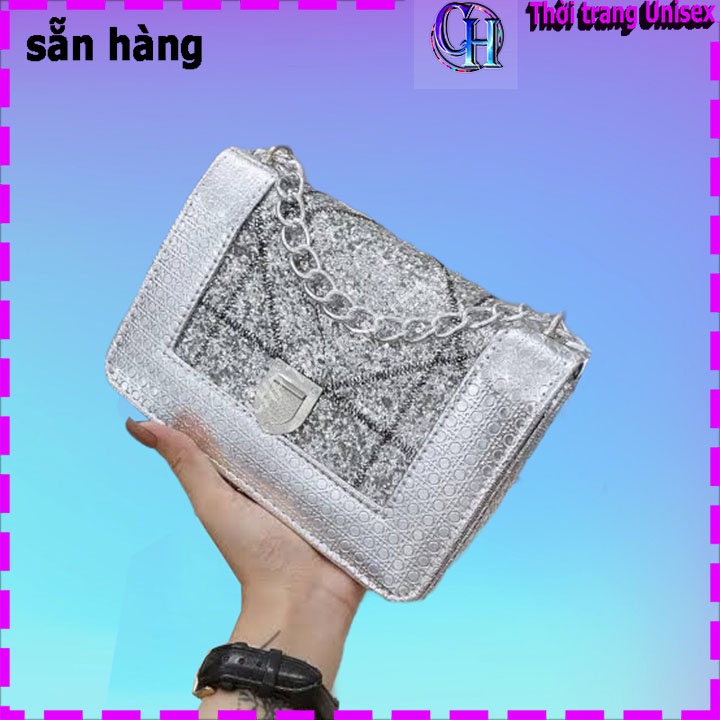 Túi đeo chéo kim sa nữ thời trang kẻ chỉ phối kim tuyến