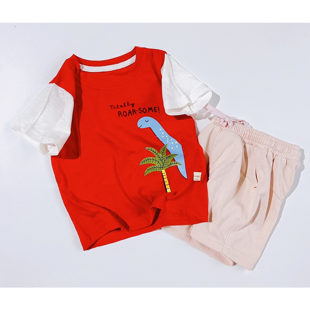 Bộ  quần áo  cộc tay thun cotton phối quần da cá dây rút bé trai