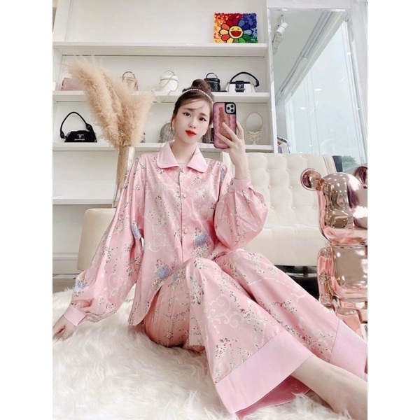 PIJAMMA TDQD TAY phồng VIỀN HỒNG LỤA SATIN CAO CẤP