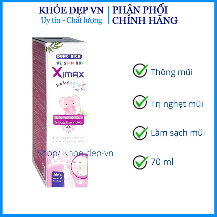 Dung dịch vệ sinh mũi Ximax Baby Gold làm loãng dịch nhầy mũi, giúp mũi thông thoáng để thở - Chai 70ml